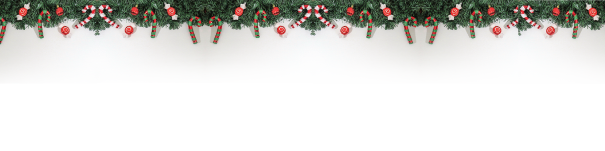 Decorative Christmas border with candy canes and red balls on a white background